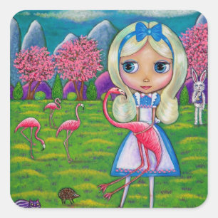 Alice im Wunderland Flamingo Croquet Igel Quadratischer Aufkleber