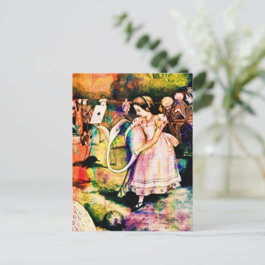 Alice im Wunderland Flamingo Croquet Watercolor Postkarte (Stehend Vorderseite)
