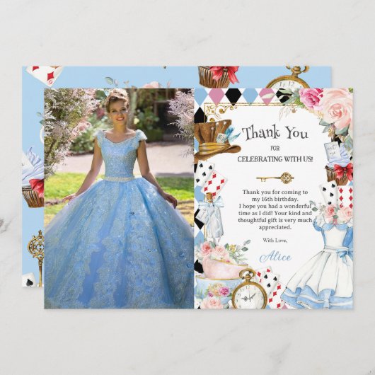 Alice im Wunderland Floral Birthday Tee Foto Dankeskarte (Vorne/Hinten)