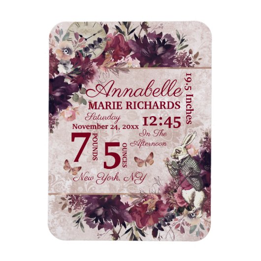 Alice im Wunderland Floral Custom Baby Birth Stats Magnet (Vertikal)