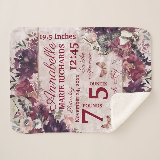 Alice im Wunderland Floral Custom Baby Birth Stats Sherpadecke (Vorderseite (Horizontal))
