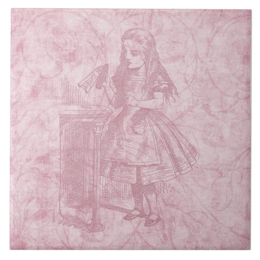 Alice im Wunderland Floral Pink Alice mit Flasche Fliese (Vorderseite)