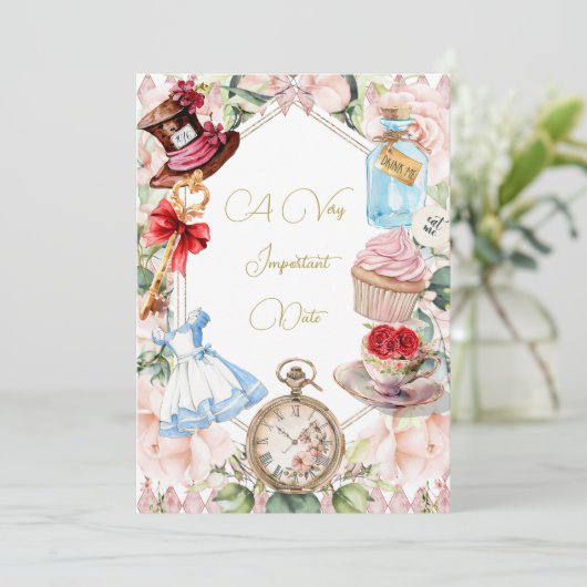 Alice im Wunderland für Altersruhestand Rosa Bläsc Einladung (Stehend Vorderseite)