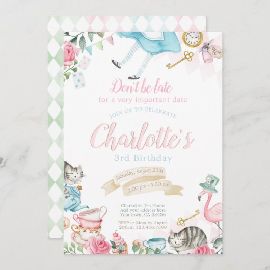 Alice im Wunderland Geburtstag Einladung (Vorne/Hinten)