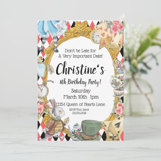 Alice im Wunderland Geburtstag Einladung (Stehend Vorderseite)