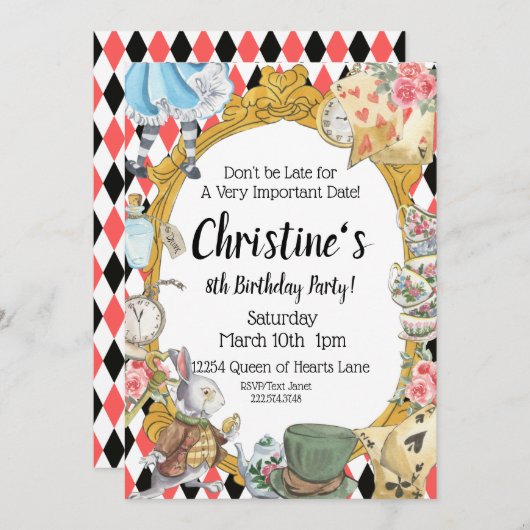 Alice im Wunderland Geburtstag Einladung (Vorne/Hinten)