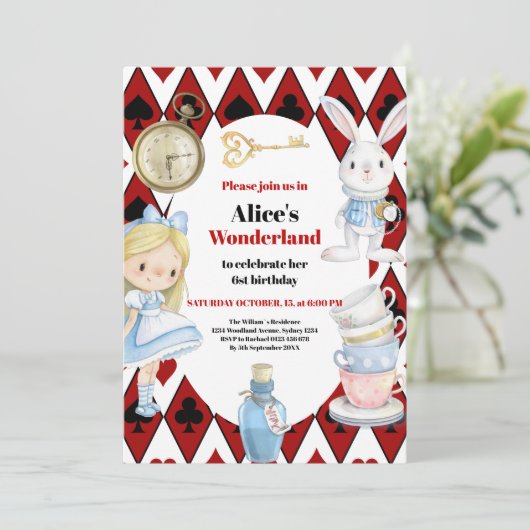 Alice im Wunderland Geburtstag Einladung (Stehend Vorderseite)