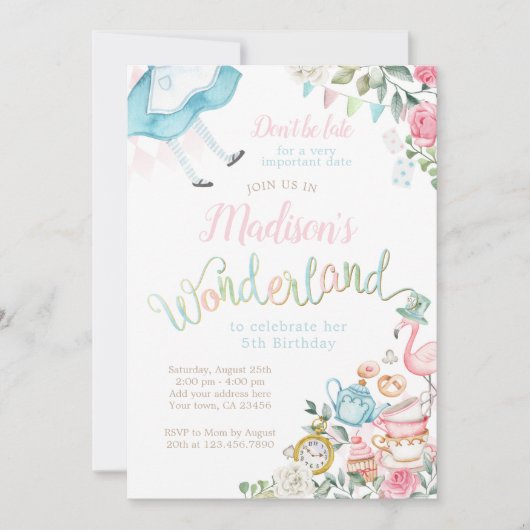 Alice im Wunderland Geburtstag Einladung (Vorderseite)