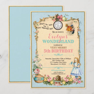 Alice im Wunderland Geburtstag Einladung blau