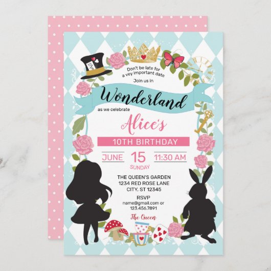 Alice im Wunderland Geburtstag Einladung Blau/Rosa (Vorne/Hinten)
