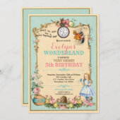Alice im Wunderland Geburtstag Einladung Türkis (Vorne/Hinten)