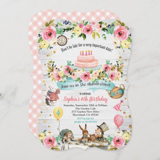 Alice im Wunderland Geburtstagsaufenthalt Einladung (Vorne/Hinten)