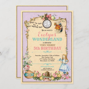 Alice im Wunderland Geburtstagseinladung lila Einladung