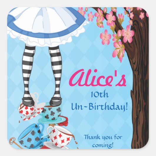 Alice im Wunderland Geburtstagspartei Quadratischer Aufkleber (Vorderseite)