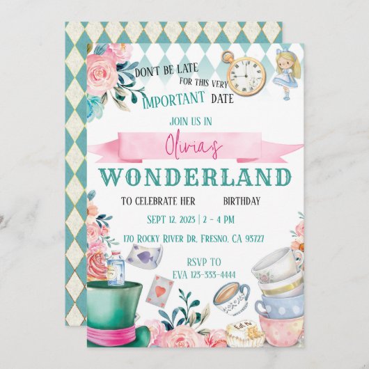Alice im Wunderland Girl Birthday Einladung (Vorne/Hinten)