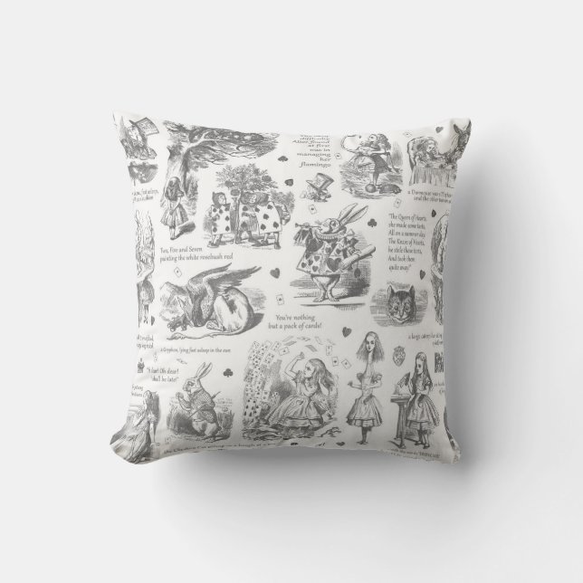 Alice im Wunderland Gray Toile Quotes Kissen (Vorderseite)