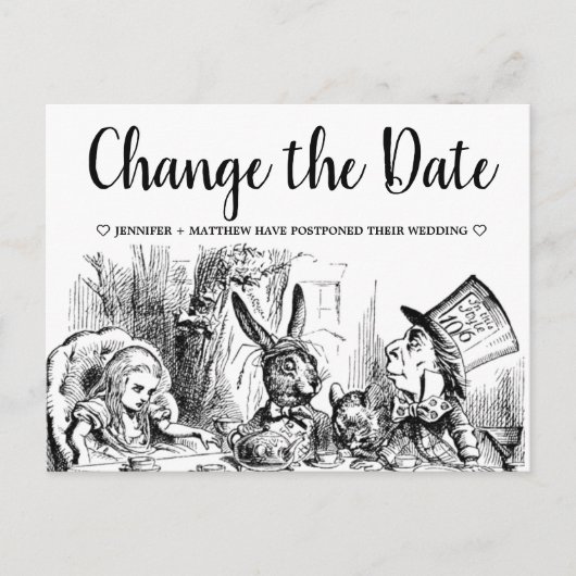 Alice im Wunderland Hochzeit ändern Datum Postkarte (Vorderseite)