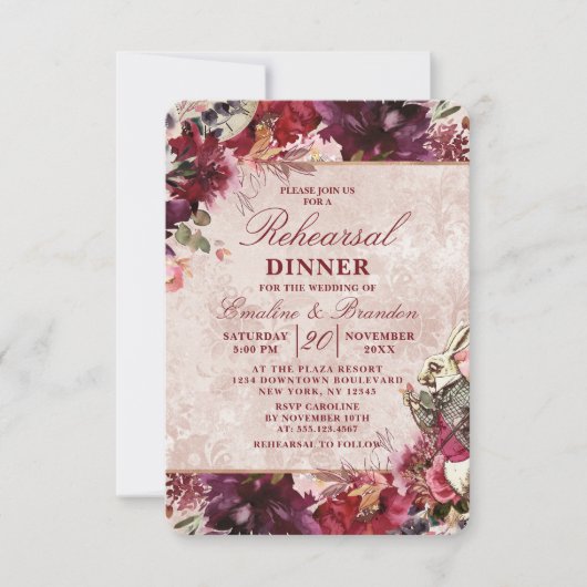 Alice im Wunderland Hochzeit Probe Dinner Einladung (Vorderseite)