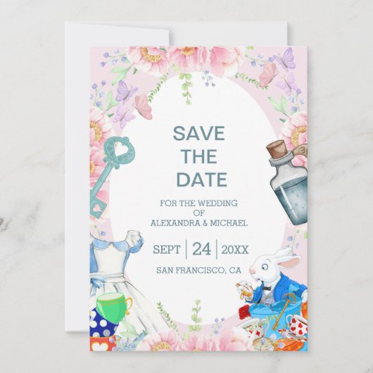 Alice im Wunderland Hochzeit Save The Date (Vorderseite)