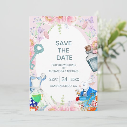 Alice im Wunderland Hochzeit Save The Date (Stehend Vorderseite)