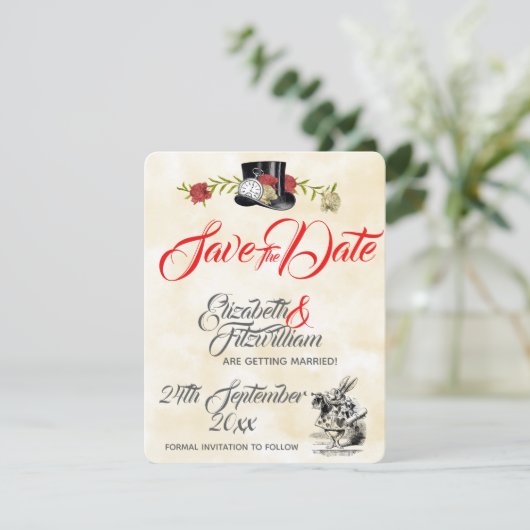 Alice im Wunderland Hochzeit speichern das Datum Einladung (Stehend Vorderseite)