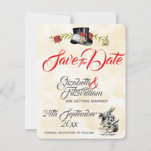 Alice im Wunderland Hochzeit speichern das Datum Einladung (Vorderseite)