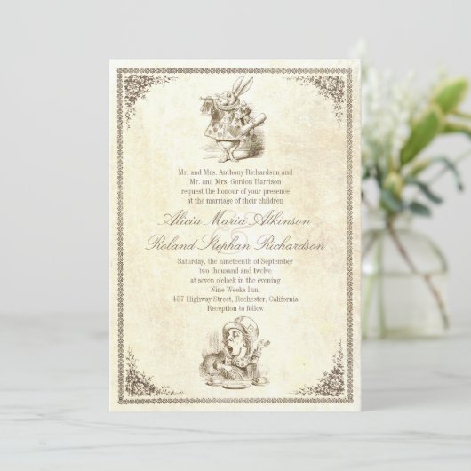 Alice im Wunderland Hochzeitsfeier Einladung (Stehend Vorderseite)