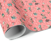 Alice im Wunderland in Korallen/Türkis auf Blumen Geschenkpapier (Rolleneckpunkt)