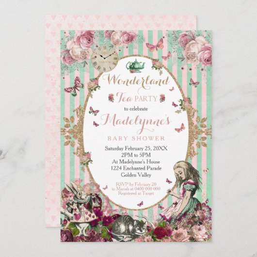 Alice im Wunderland Kinderdusche Einladung Vintag (Vorne/Hinten)