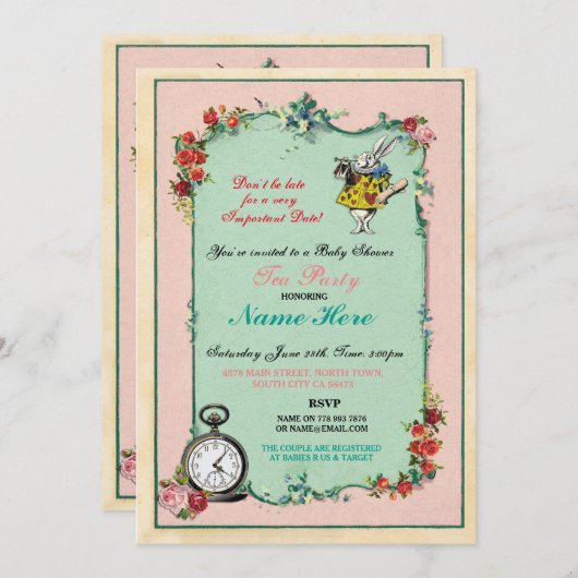 Alice im Wunderland Kinderdusche Rosa Einladung (Vorne/Hinten)