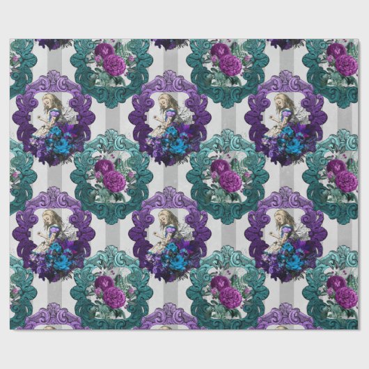 Alice im Wunderland Lila Grüne Rahmen Geschenkpapier (Flach)