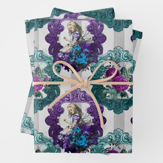 Alice im Wunderland Lila Grüne Rahmen Geschenkpapier Set (Beispiel)