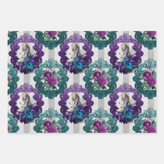 Alice im Wunderland Lila Grüne Rahmen Geschenkpapier Set (Vorderseite)