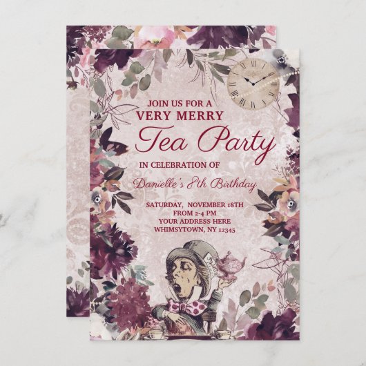 Alice im Wunderland Mad Hatter Birthday Tee Party Einladung (Vorne/Hinten)