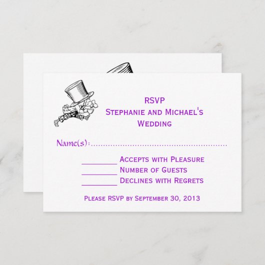 Alice im Wunderland Mad Hatter Wedding RSVP Lila (Vorne/Hinten)