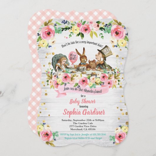 Alice im Wunderland Mädchendusche Einladung (Vorne/Hinten)