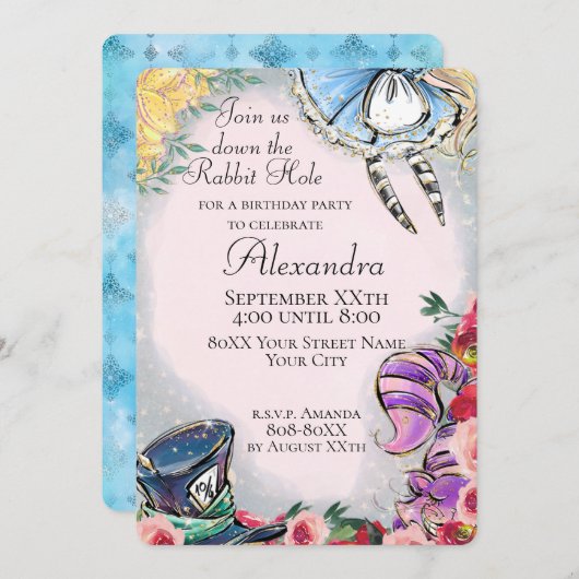 Alice im Wunderland Märchen Thema Einladung (Vorne/Hinten)