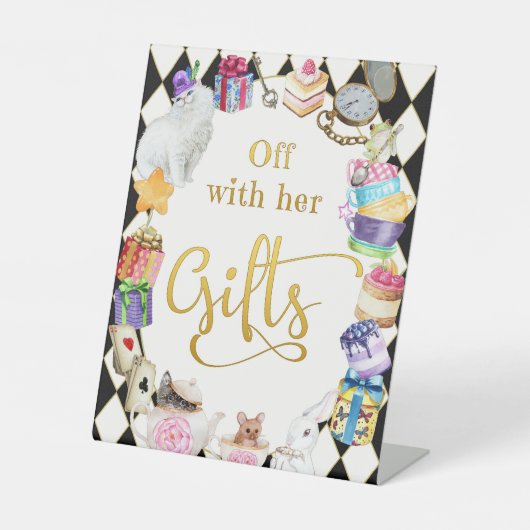 Alice im Wunderland mit ihren Geschenken Sockelschild (Vorderseite)