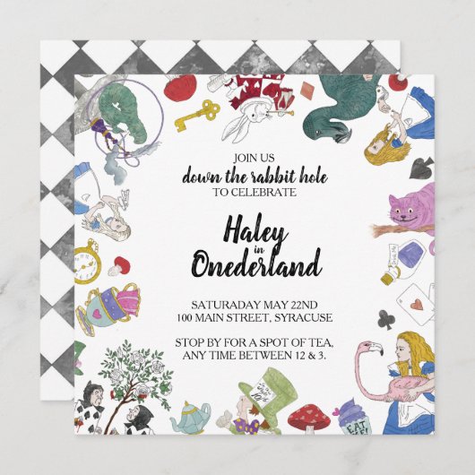 Alice im Wunderland Party Einladung | Handgezogen (Vorne/Hinten)