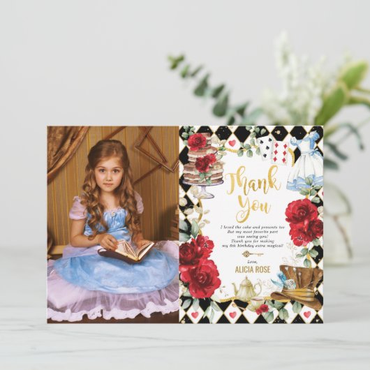 Alice im Wunderland Party Foto Vielen Dank Karte (Stehend Vorderseite)