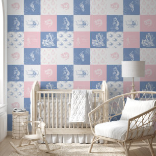 Alice im Wunderland Patchwork Blue Pink Wallpaper Tapete