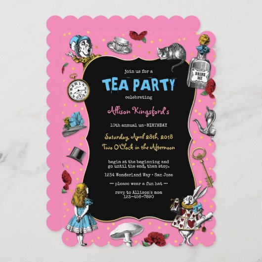Alice im Wunderland Pink Tee Party Einladung (Vorne/Hinten)