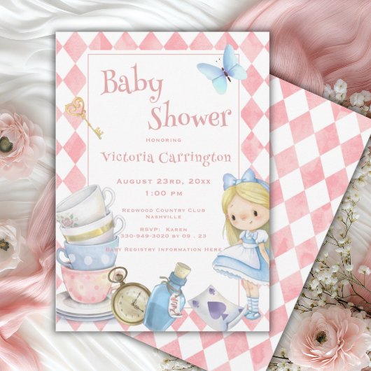 Alice im Wunderland Pink Whimsical Baby Dusche Einladung