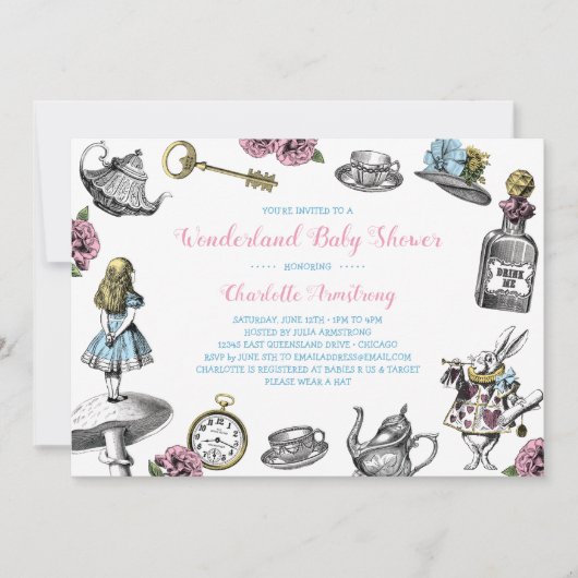 Alice im Wunderland Polka Dot Babydusche Einladung (Vorderseite)