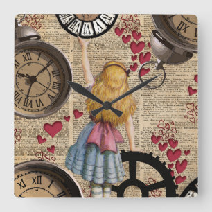 Alice im Wunderland reist durch die Zeit Quadratische Wanduhr