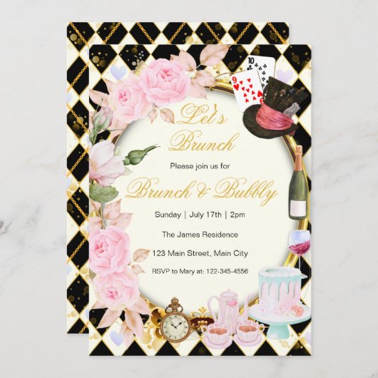 Alice im Wunderland Rosa Blumenbrunch Einladung (Vorne/Hinten)