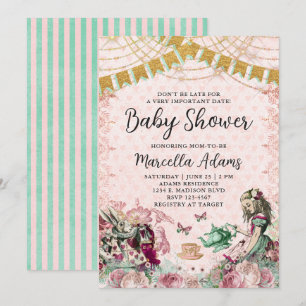 Alice im Wunderland Rosé & Minze Baby Shower Einladung