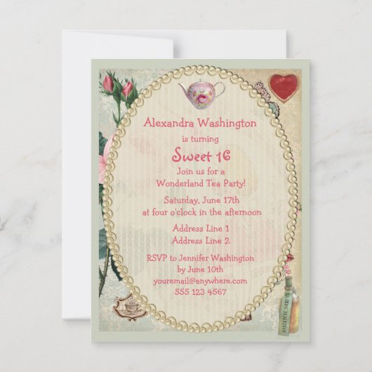 Alice im Wunderland-Rosen-Collagen-Bonbon 16 Einladung (Rückseite)