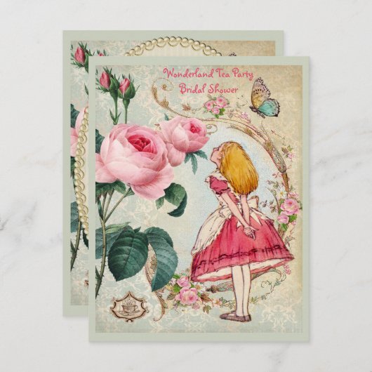 Alice im Wunderland-Rosen-Collagen-Brautparty Einladung (Vorne/Hinten)