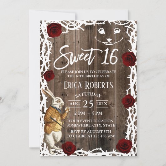 Alice im Wunderland Rustikales Stallholz Süß 16 Einladung (Vorderseite)